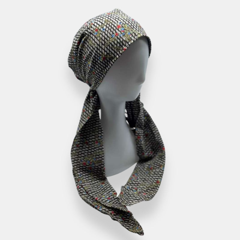 Check Print Pretied Bandana with Multicolor Floral Detail