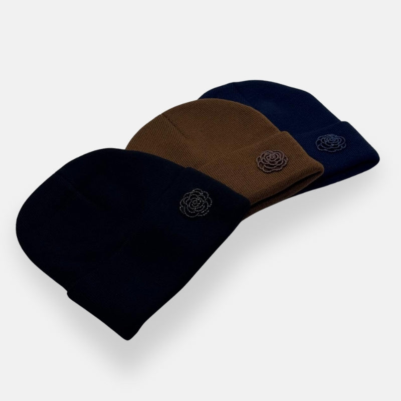 Ribbed Beanie With Rose Pin