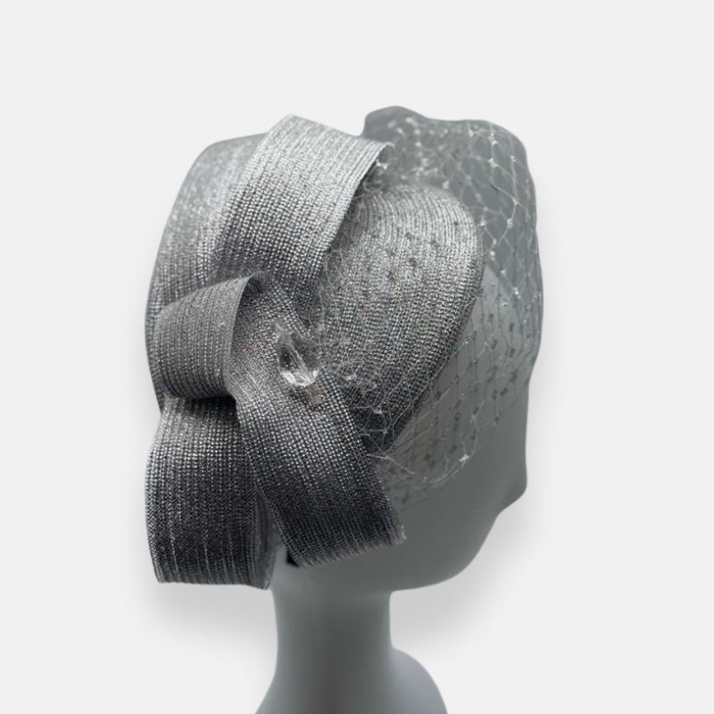 Silver Horsehair Fascinator Hat with Bow and Veil