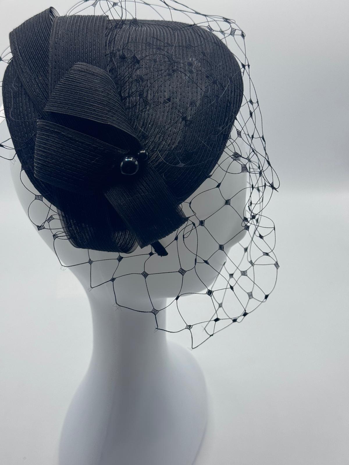 Black Straw Fascinator with Bow and Veil