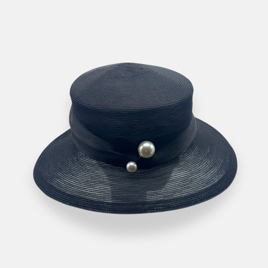 Black Brimmed Hat With Pearl Accent