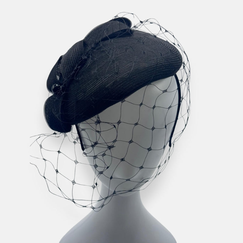 Black Straw Fascinator With Bow And Veil