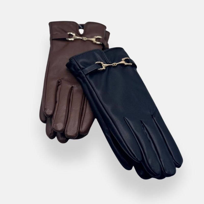 Classic Leather Gloves With Gold Buckle