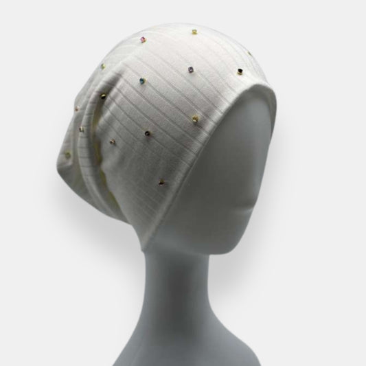 Ribbed Beanie with Rhinestone Detail