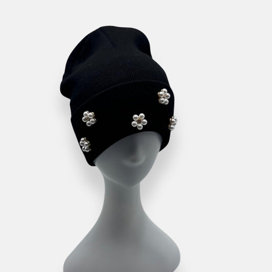 Ribbed Beanie With Pearl Floral Accents