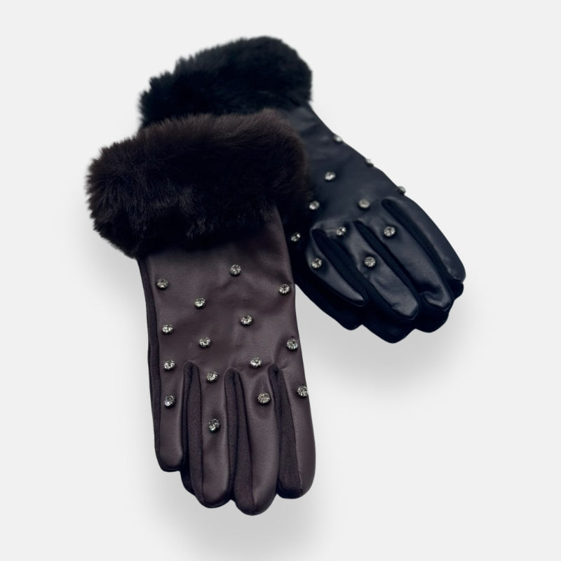 Crystal-Studded Fur Cuff Gloves