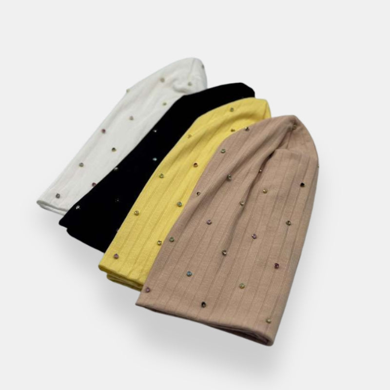 Ribbed Beanie with Rhinestone Detail