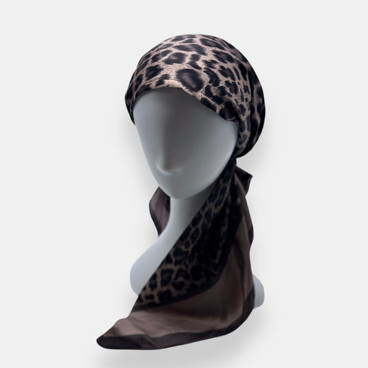 Taupe and Plum Leopard Print Pre-Tied Headscarf