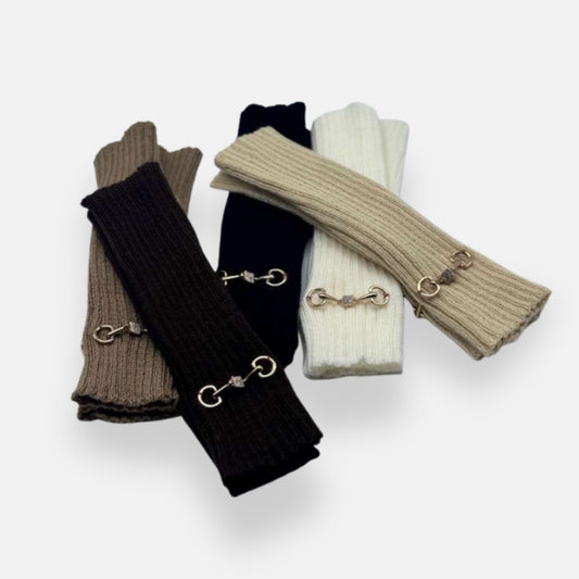 Ribbed Knit Fingerless Gloves With Gold Horsebit Detail