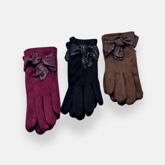 Studded Bow Suede Gloves