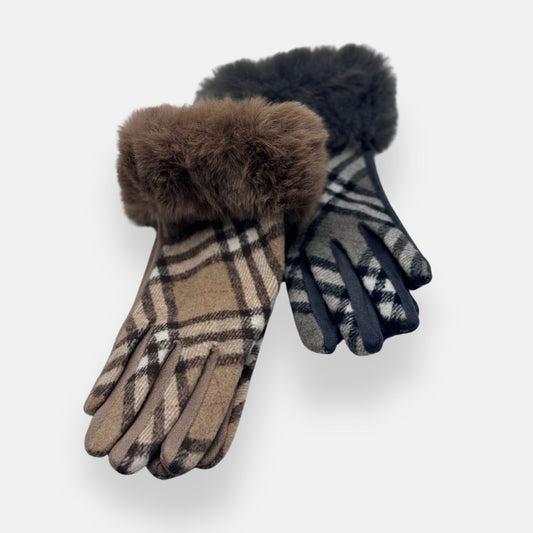 Plaid Fur-Cuff Winter Gloves