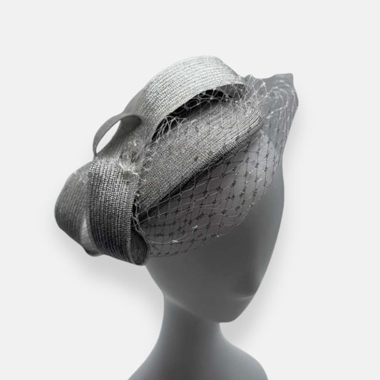 Silver Horsehair Fascinator Hat with Bow and Veil