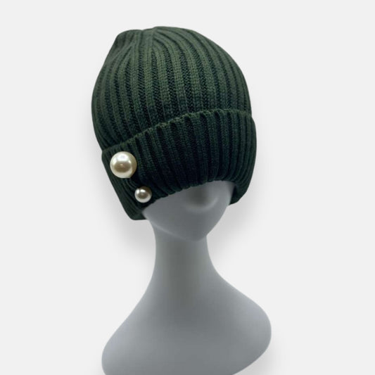 Ribbed Knit Beanie with Pearl Detail