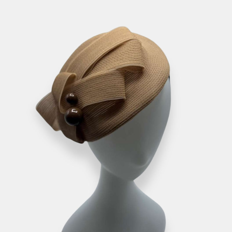 Camel Horsehair Fascinator with Ribbon Detail and Pin Accent