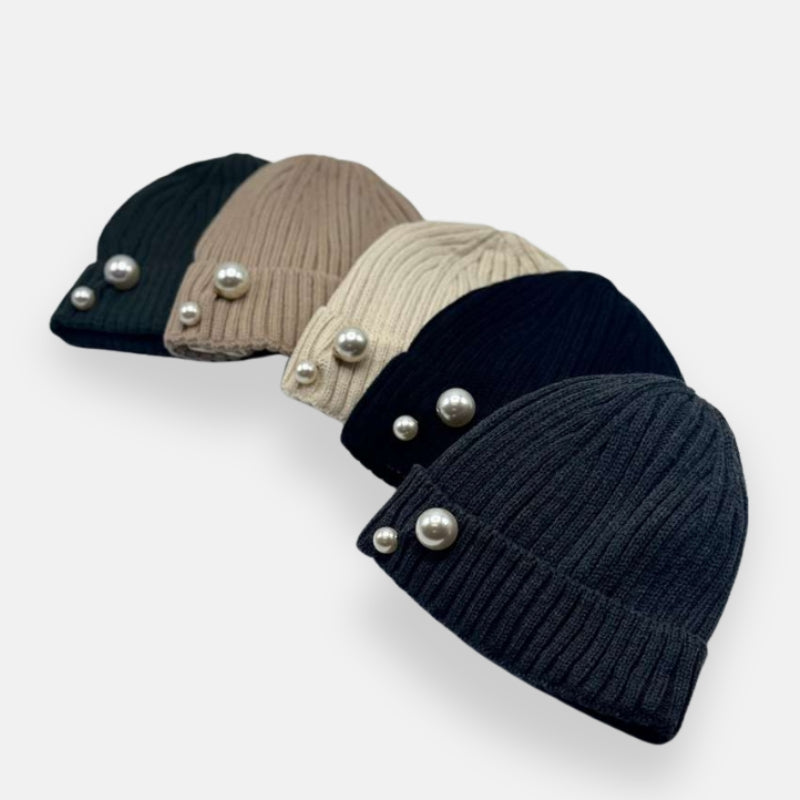 Ribbed Knit Beanie with Pearl Detail