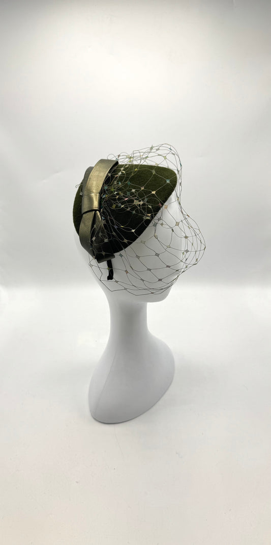Velour Olive Green Fascinator with Veil