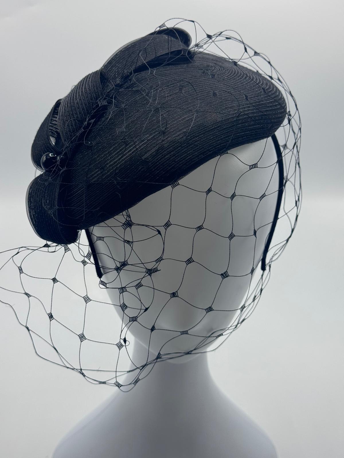 Black Straw Fascinator with Bow and Veil